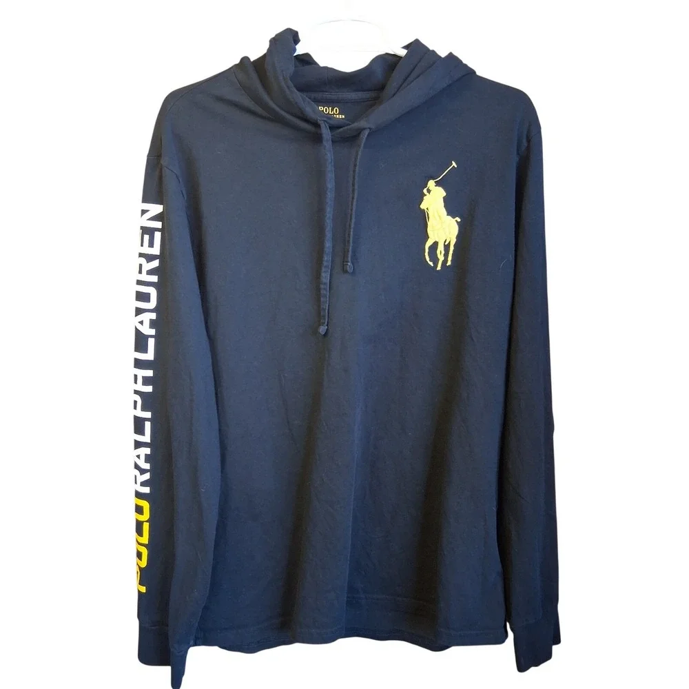 Polo Ralph Lauren Navy Big Pony LS‎ Hooded Tshirt Sleeve Hit Large EUC